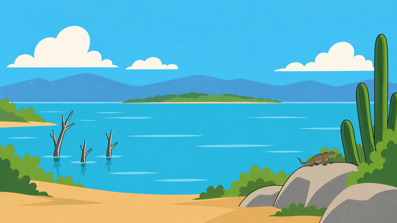 Lago Enriquillo, Isla Cabritos y una pequeña iguana rinoceronte sobre las rocas