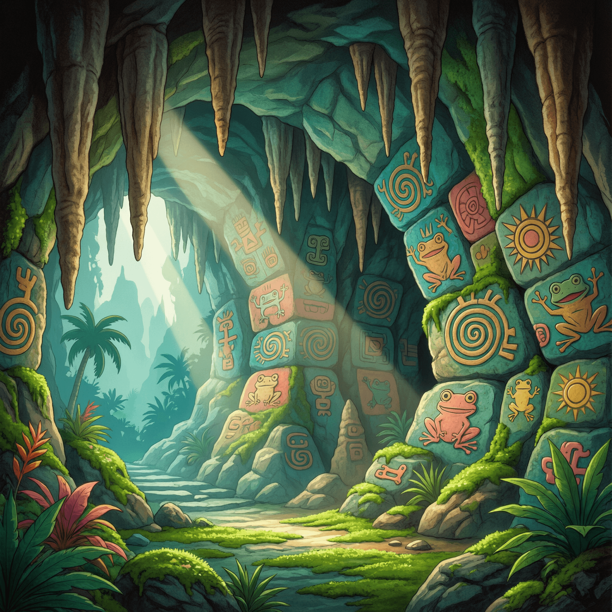 Interior de una cueva con pictografías taínas de espirales, soles y ranas sobre la roca.