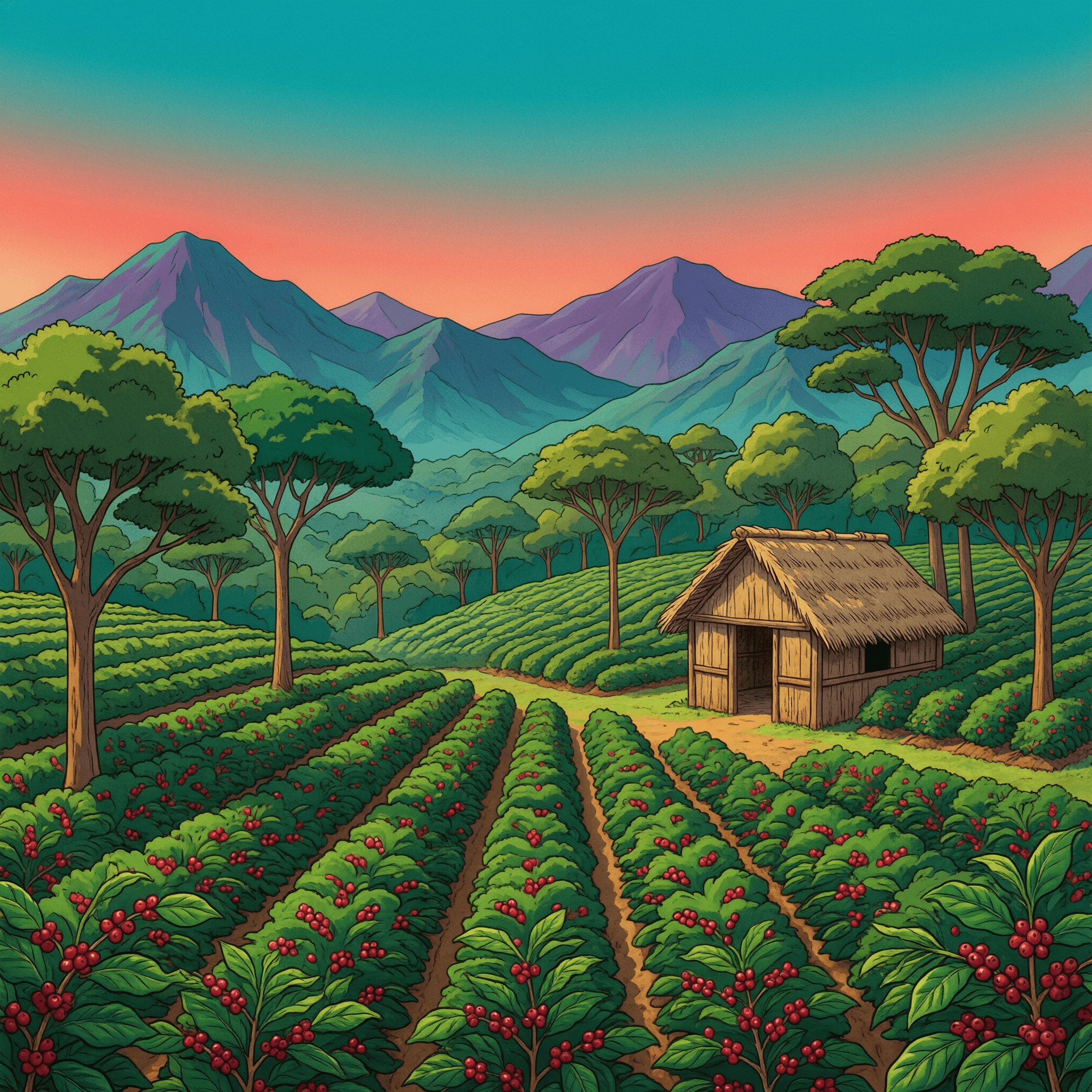 Cafetal de montaña con arbustos de café de granos rojos creciendo a la sombra de árboles altos.
