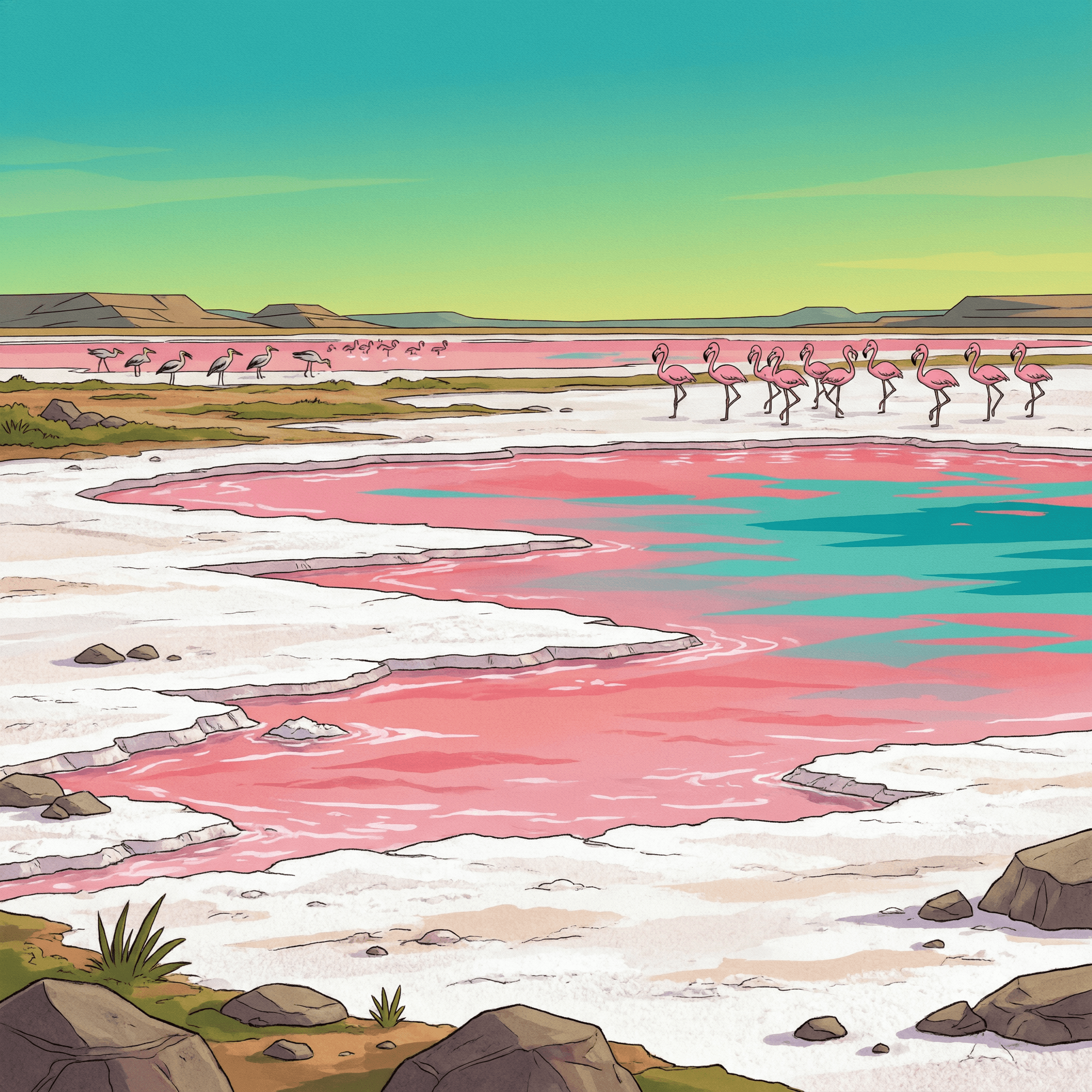 Laguna salada de agua rosada y turquesa, con costras de sal blanca en la orilla y flamencos.